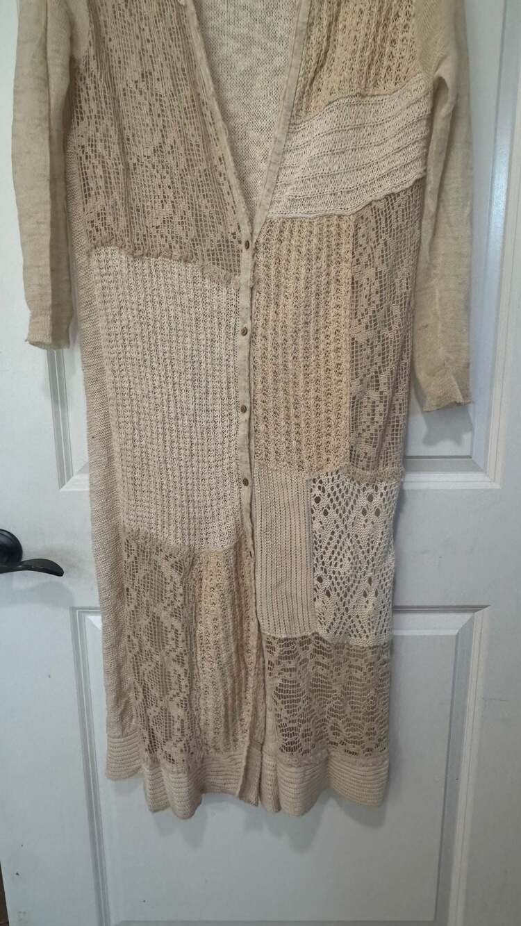 Free People Boho Crochet Patchwork Hooded Duster Cardigan Lagenlook Small - Picture 3 of 8